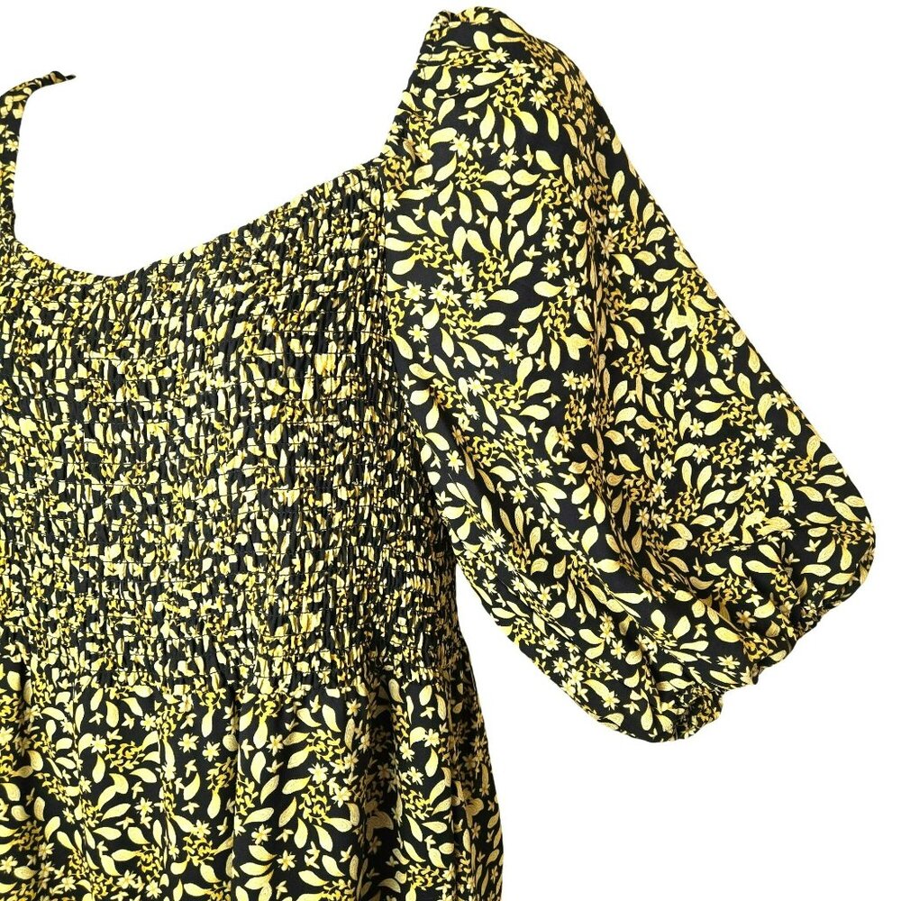 NWT Nanette Lepore Black Gold Yellow Floral Bust Shirred Dress Size 14 - Picture 4 of 15